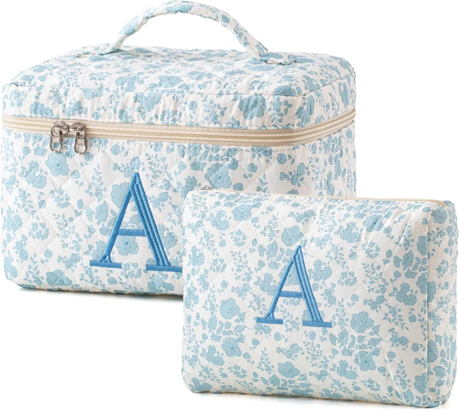 HBselect 2Pcs 2Pcs Initial Makeup Bag, Quilted Makeup Bag, Cotton Large Travel Makeup Bag, Cute Floral Coquette Make up Bag Cosmetic Bag Toiletry Bag for Women Girls A