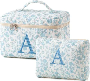 HBselect 2Pcs 2Pcs Initial Makeup Bag, Quilted Makeup Bag, Cotton Large Travel Makeup Bag, Cute Floral Coquette Make up Bag Cosmetic Bag Toiletry Bag for Women Girls A