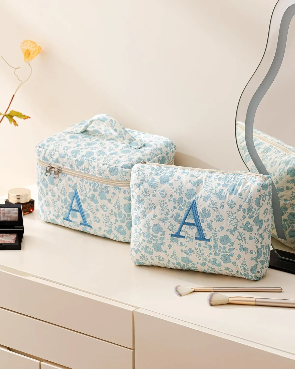 HBselect 2Pcs 2Pcs Initial Makeup Bag, Quilted Makeup Bag, Cotton Large Travel Makeup Bag, Cute Floral Coquette Make up Bag Cosmetic Bag Toiletry Bag for Women Girls A