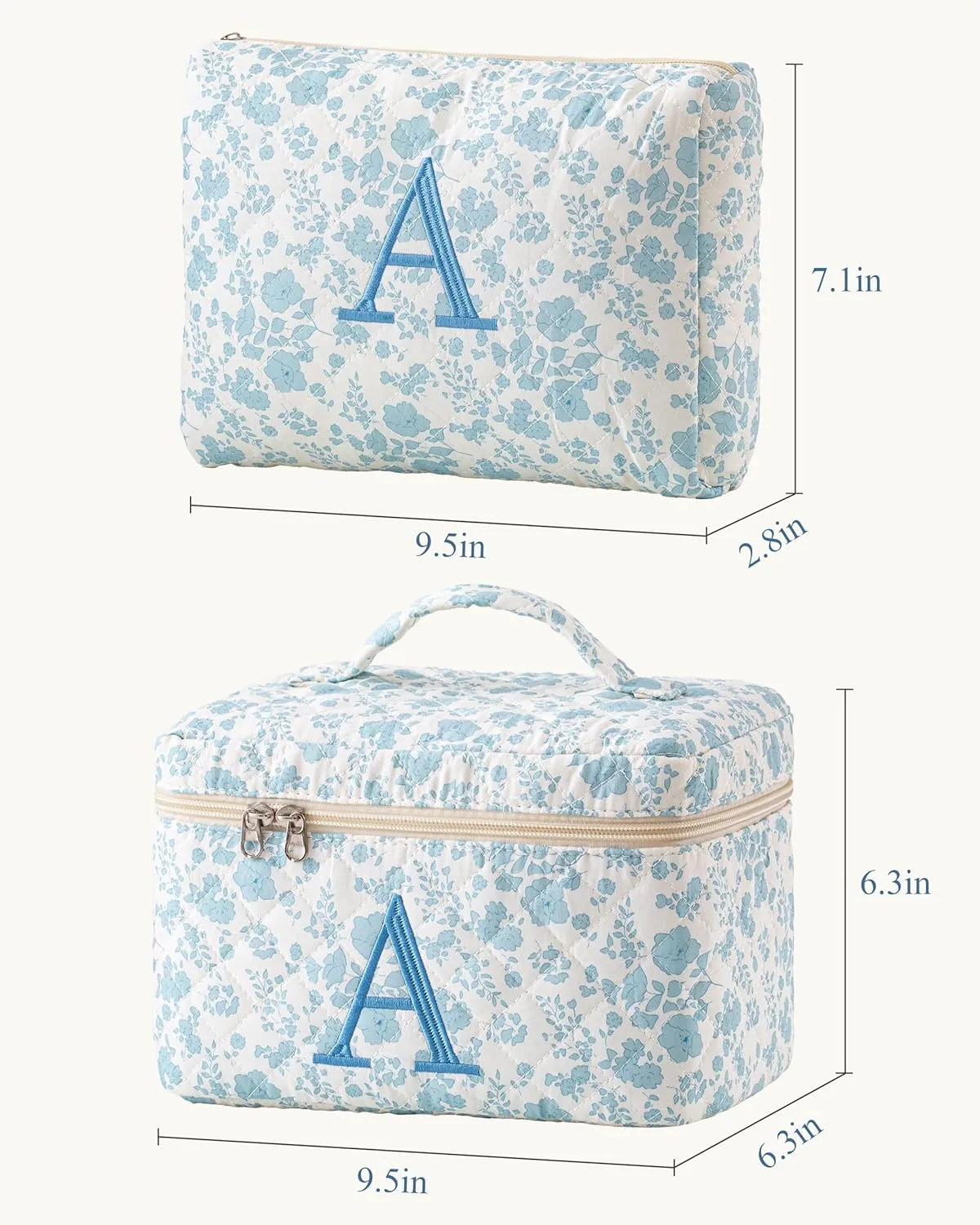 HBselect 2Pcs 2Pcs Initial Makeup Bag, Quilted Makeup Bag, Cotton Large Travel Makeup Bag, Cute Floral Coquette Make up Bag Cosmetic Bag Toiletry Bag for Women Girls A