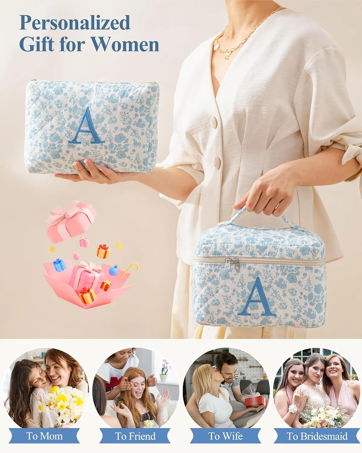 HBselect 2Pcs 2Pcs Initial Makeup Bag, Quilted Makeup Bag, Cotton Large Travel Makeup Bag, Cute Floral Coquette Make up Bag Cosmetic Bag Toiletry Bag for Women Girls A