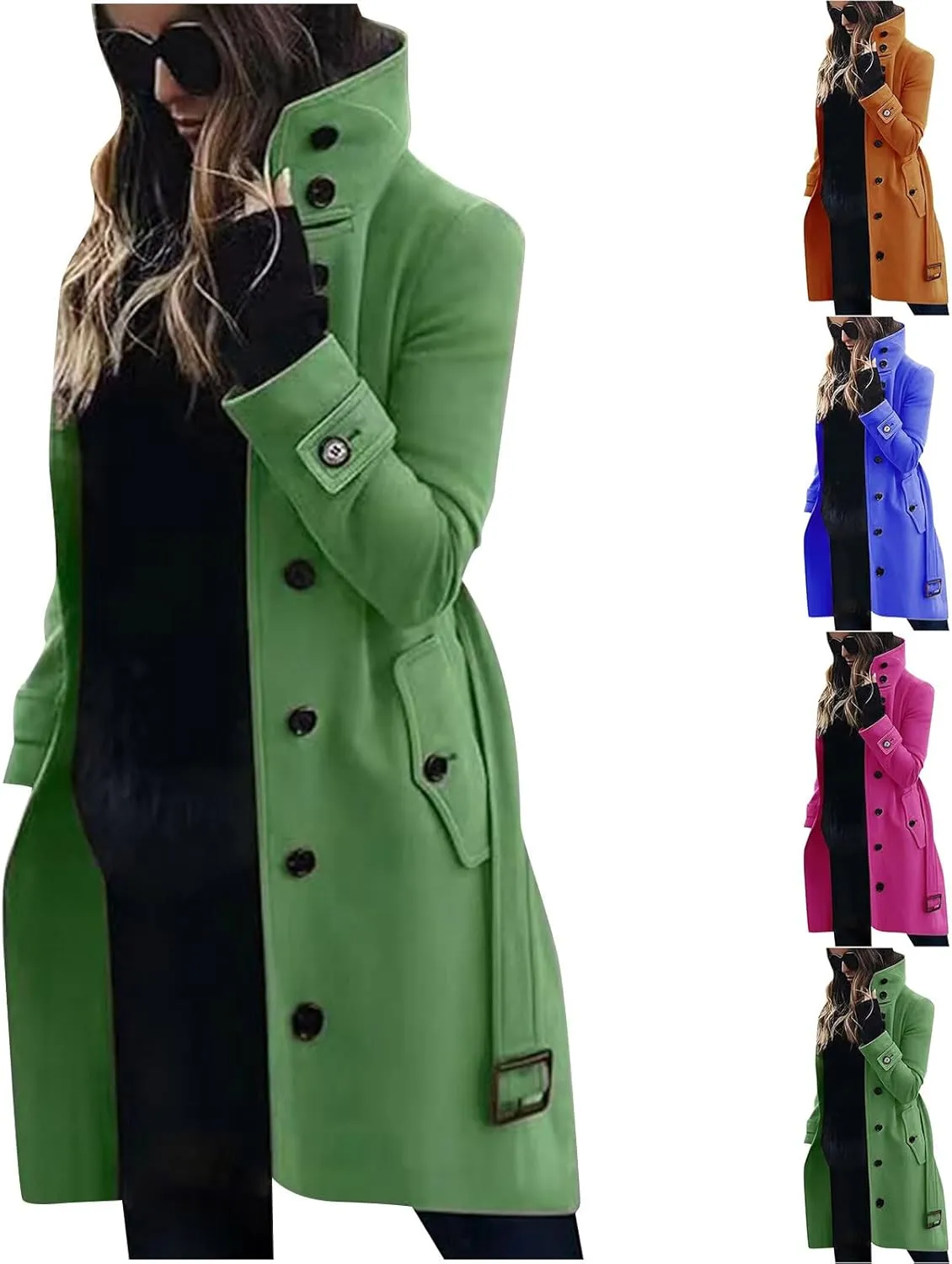 HGps8w Classic Belted Pea Coat for Women Wool Blend Mid-Long Stand Collar Jacket Winter Trench Coat Outerwear with Pockets