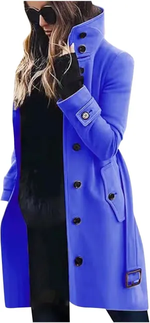 HGps8w Classic Belted Pea Coat for Women Wool Blend Mid-Long Stand Collar Jacket Winter Trench Coat Outerwear with Pockets