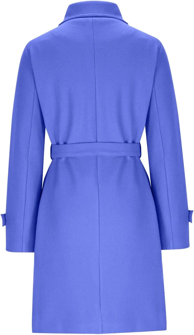 HGps8w Classic Belted Pea Coat for Women Wool Blend Mid-Long Stand Collar Jacket Winter Trench Coat Outerwear with Pockets