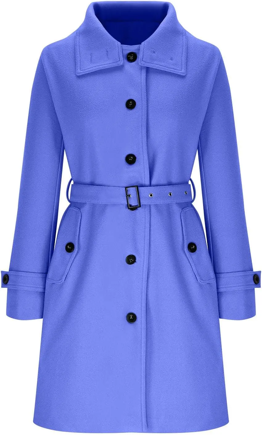 HGps8w Classic Belted Pea Coat for Women Wool Blend Mid-Long Stand Collar Jacket Winter Trench Coat Outerwear with Pockets