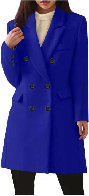 HGps8w Women's Double Breasted Woolen Trench Coat Notched Lapel Pea Coats Dressy Winter Long Wool Blend Blazer Jackets
