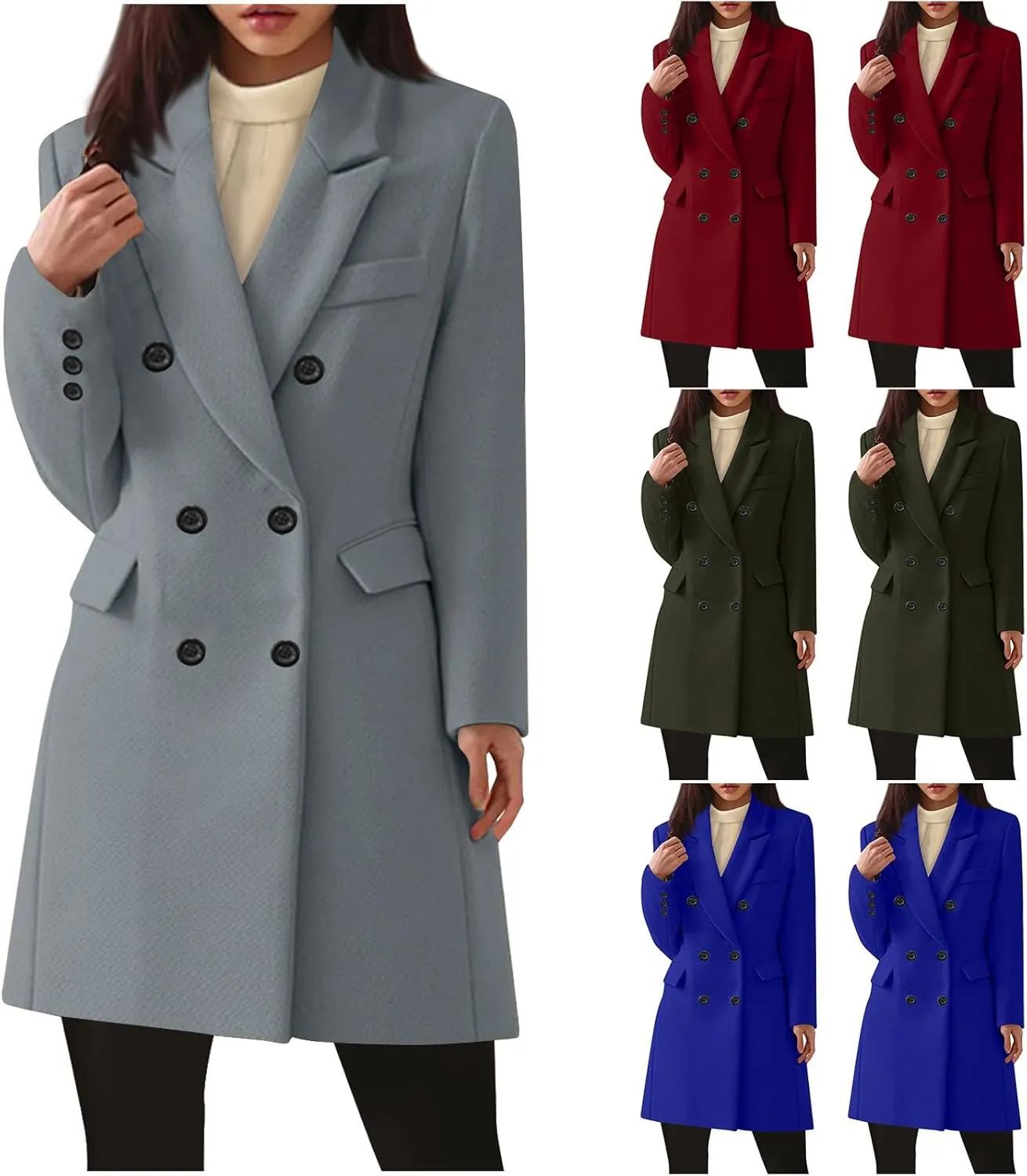 HGps8w Women's Double Breasted Woolen Trench Coat Notched Lapel Pea Coats Dressy Winter Long Wool Blend Blazer Jackets