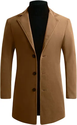 hlysgo Men's Wool Trench Coat Single Breasted Slim Fit Notched Collar Winter Long Business Overcoat Plus Size Pea Coats