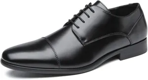 HOOENG Dress Oxford for Men Lace Up Burnished Toe Cap Toe Derby Shoes Vegan Leather Slip Resistant Rubber Sole Low Top Block Heel Business