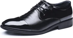 HOOENG Dress Oxford for Men Lace Up Patchwork Round Cap Toe Patent Vegan Leather Non Slip Block Heel Low Top Rubber Sole Anti-Slip Prom