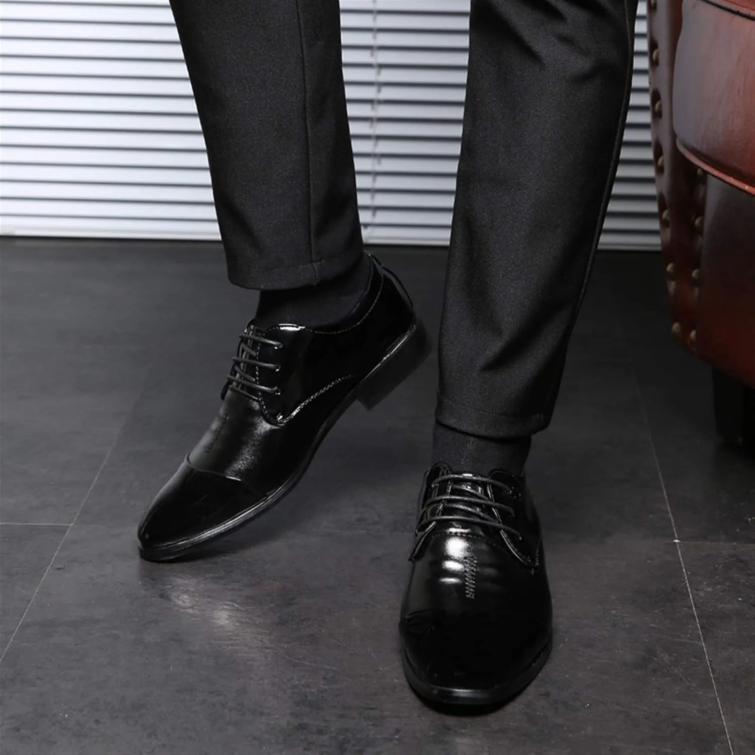 HOOENG Dress Oxford for Men Lace Up Patchwork Round Cap Toe Patent Vegan Leather Non Slip Block Heel Low Top Rubber Sole Anti-Slip Prom