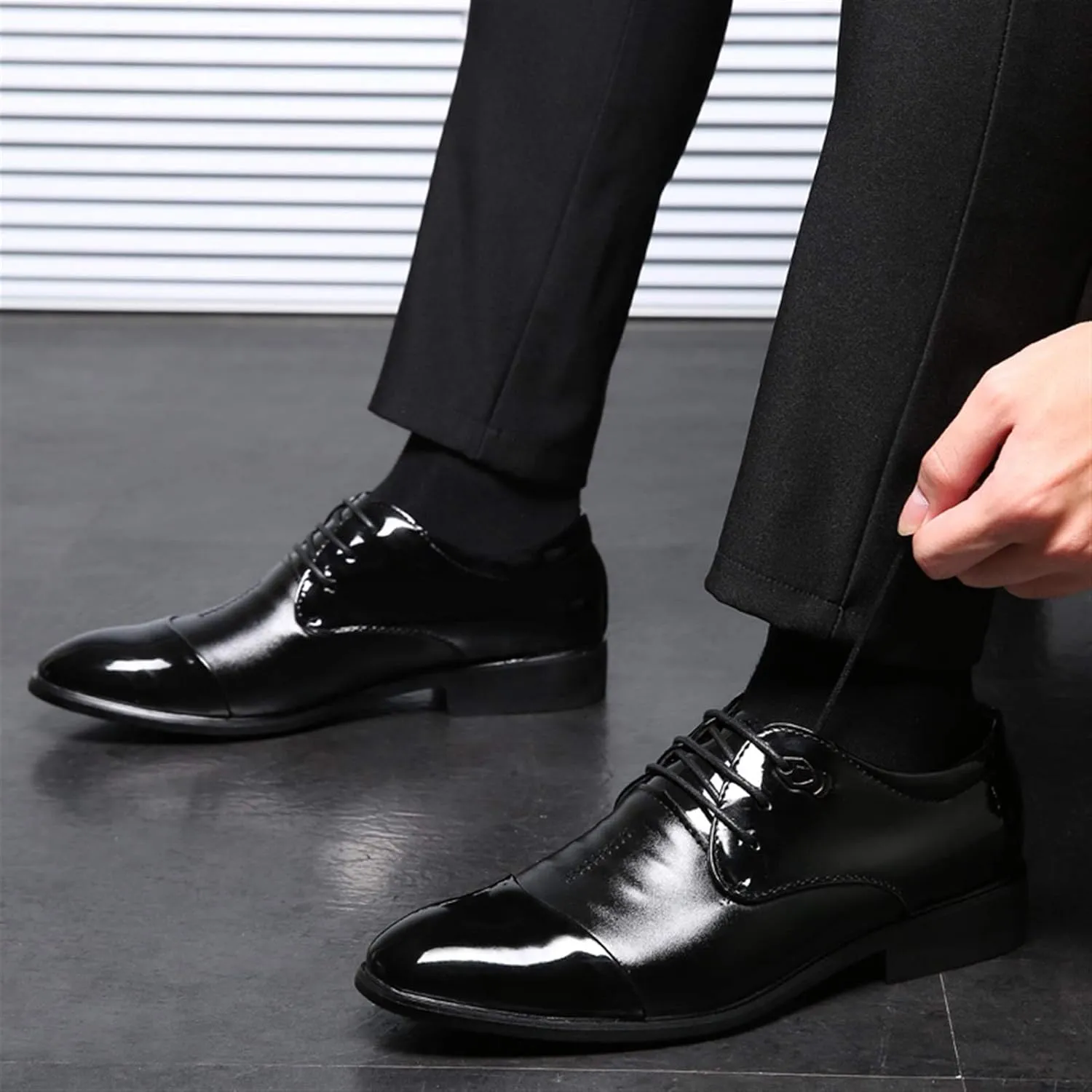 HOOENG Dress Oxford for Men Lace Up Patchwork Round Cap Toe Patent Vegan Leather Non Slip Block Heel Low Top Rubber Sole Anti-Slip Prom