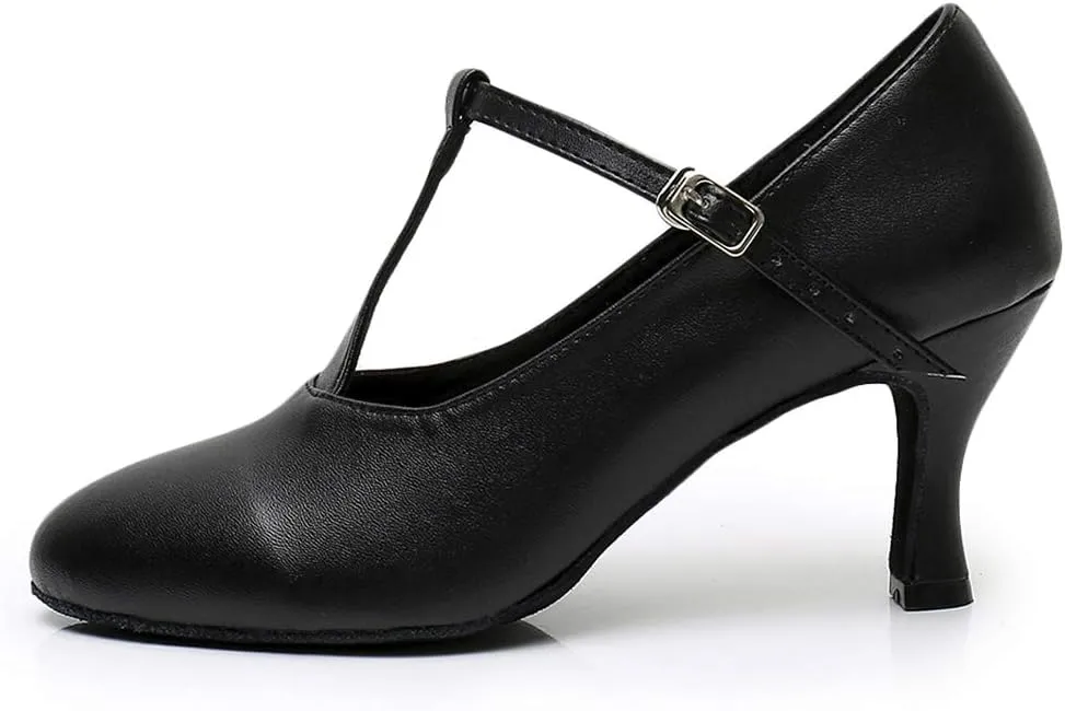 HROYL Women Ballroom Dance Shoes Closed Toe Latin Salsa T-Strap Modern Tango Walts Character Shoes Model-L041