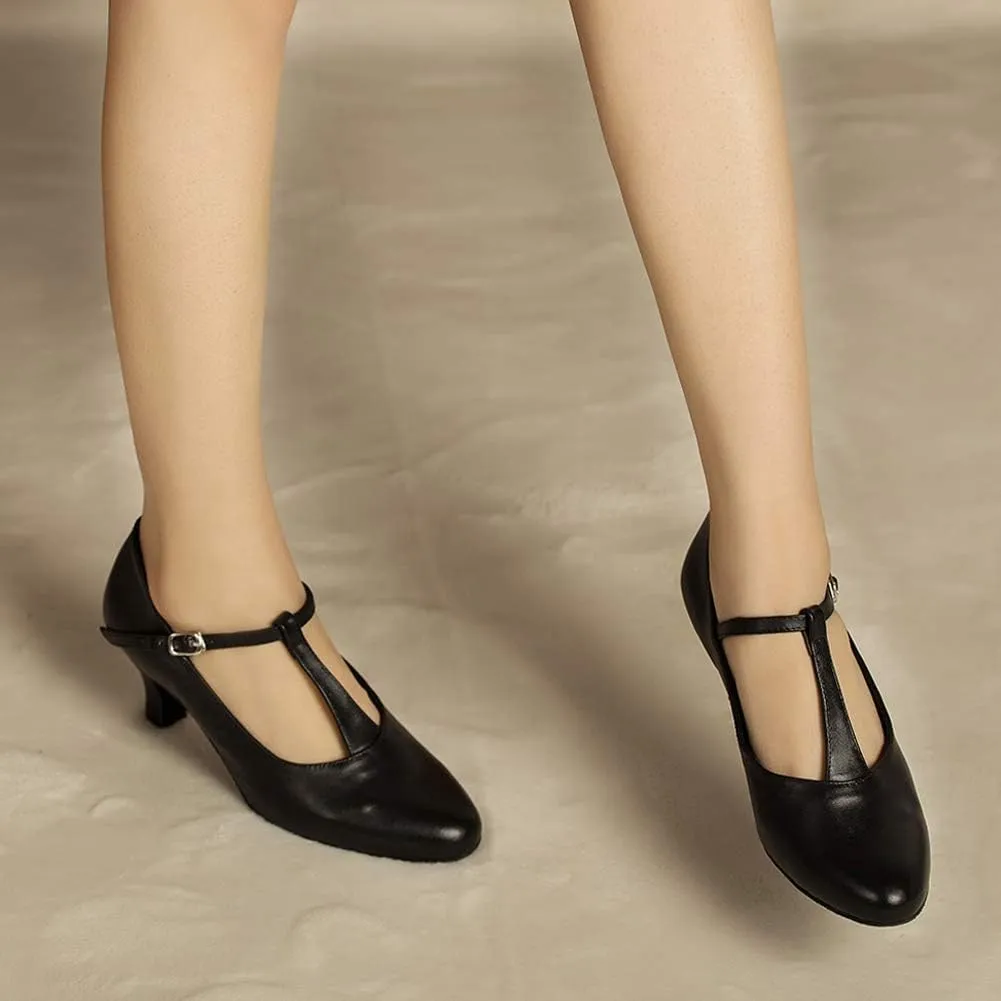 HROYL Women Ballroom Dance Shoes Closed Toe Latin Salsa T-Strap Modern Tango Walts Character Shoes Model-L041