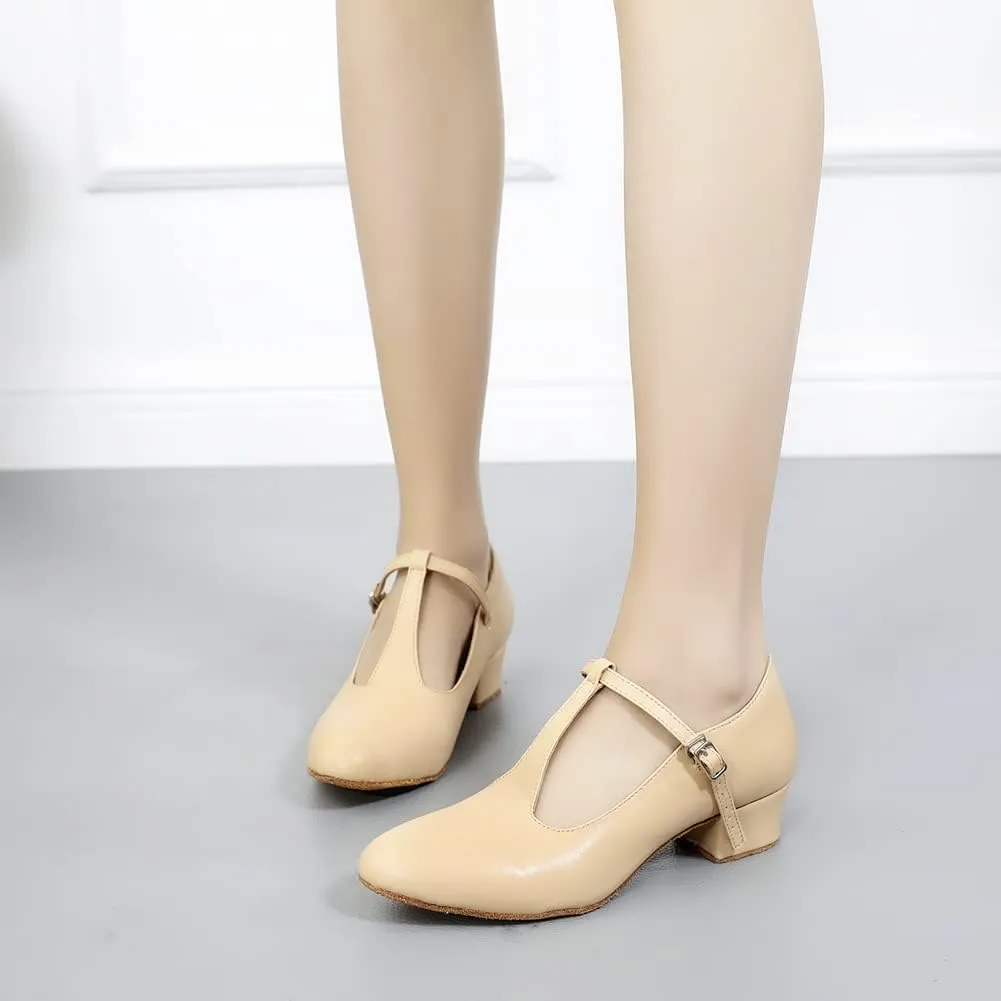 HROYL Women Ballroom Dance Shoes Closed Toe Latin Salsa T-Strap Modern Tango Walts Character Shoes Model-L041
