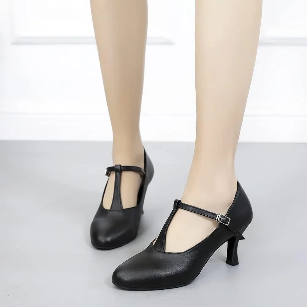 HROYL Women Ballroom Dance Shoes Closed Toe Latin Salsa T-Strap Modern Tango Walts Character Shoes Model-L041