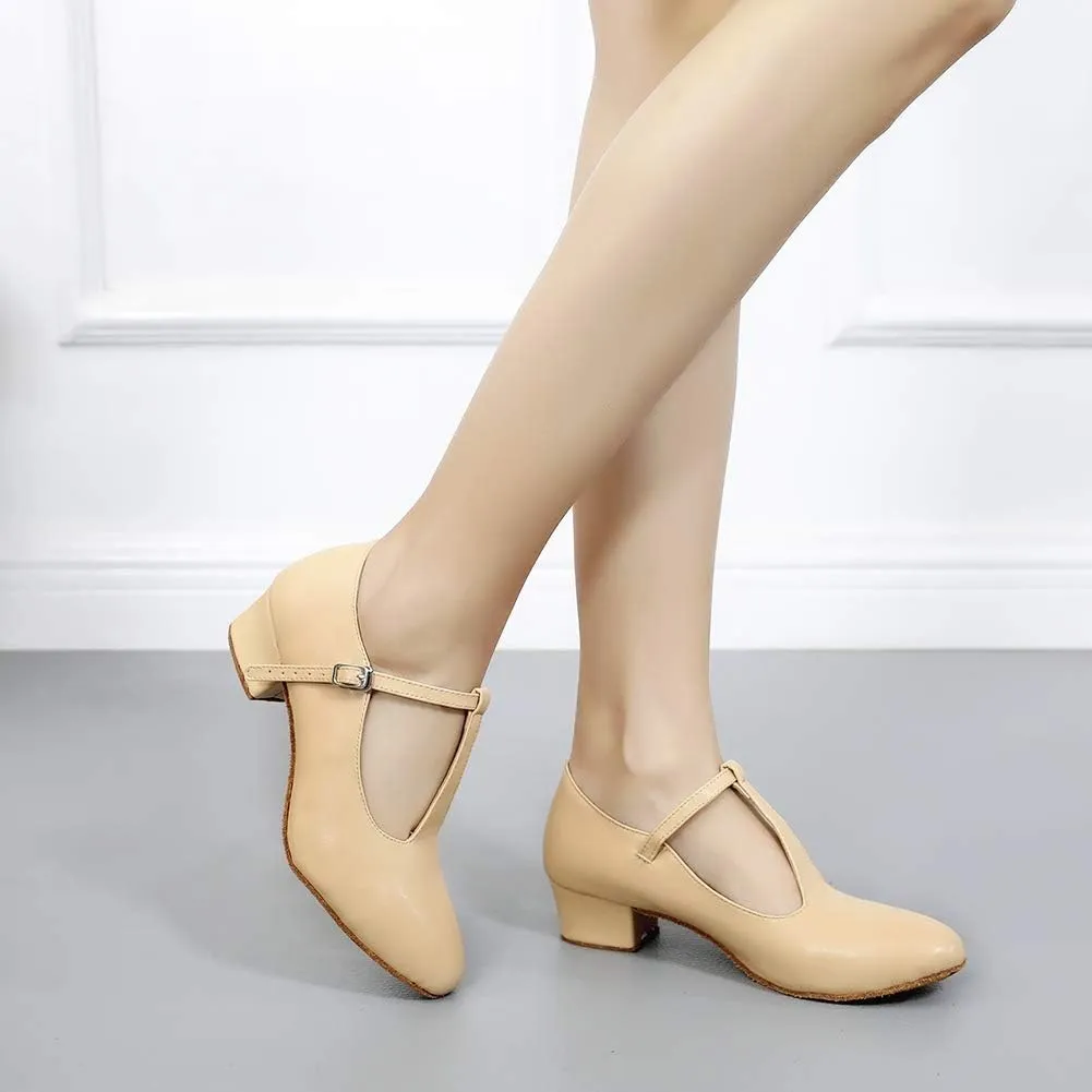 HROYL Women Ballroom Dance Shoes Closed Toe Latin Salsa T-Strap Modern Tango Walts Character Shoes Model-L041