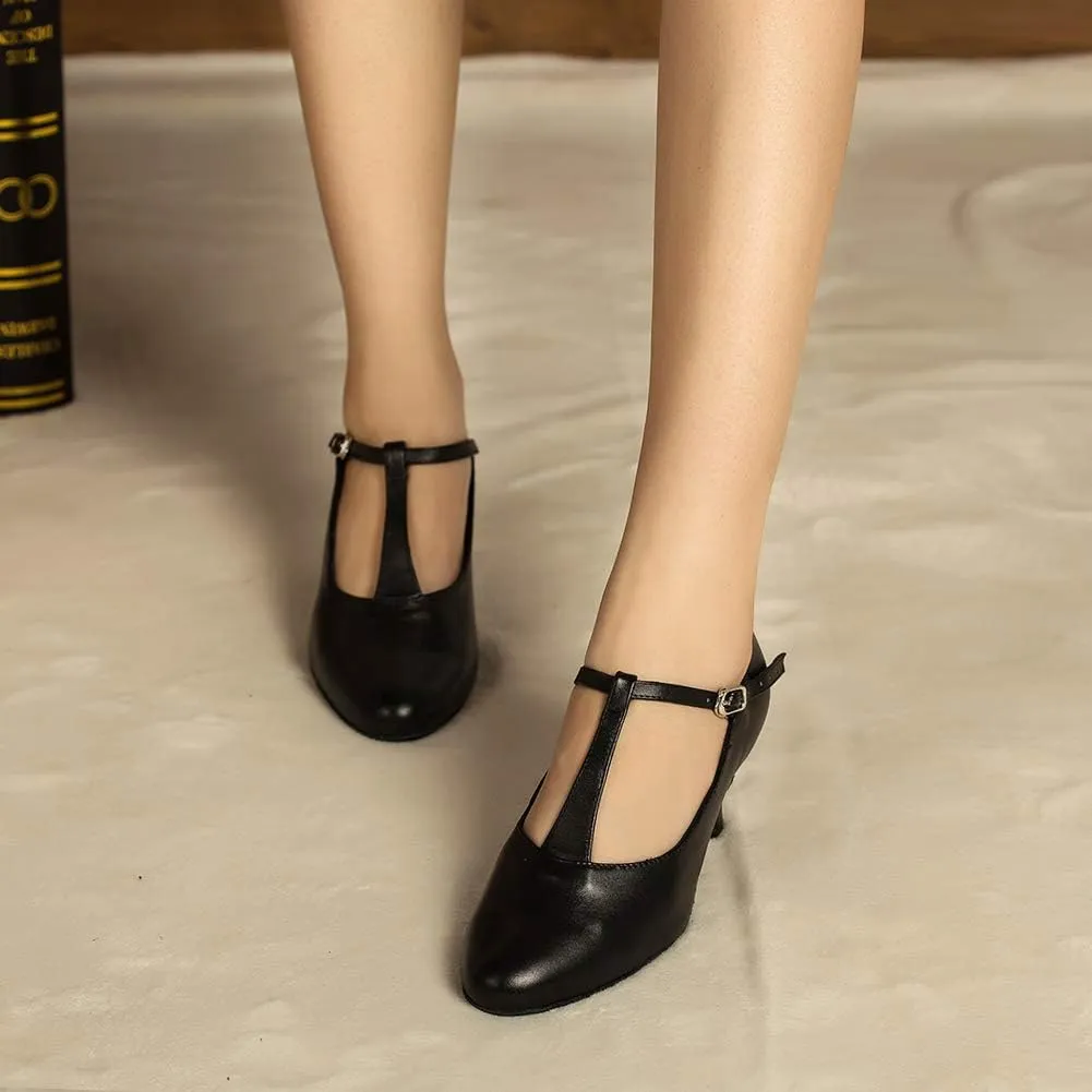 HROYL Women Ballroom Dance Shoes Closed Toe Latin Salsa T-Strap Modern Tango Walts Character Shoes Model-L041