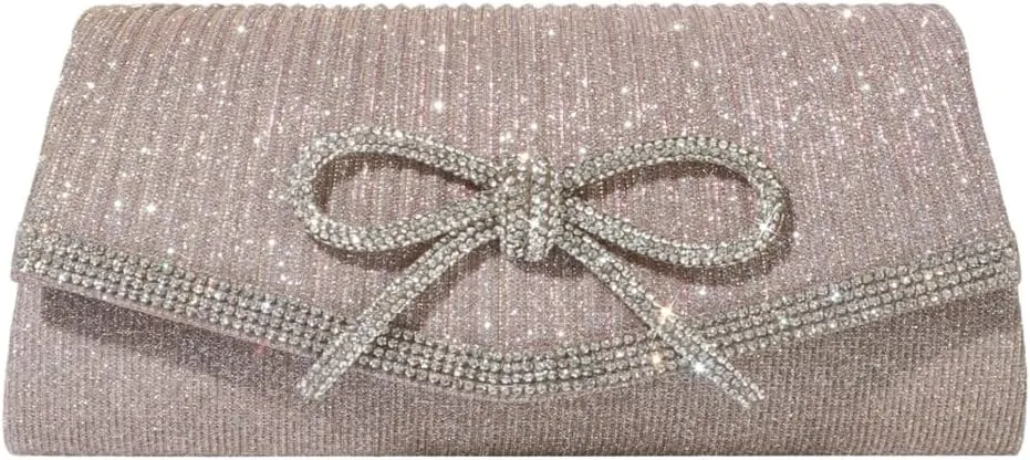 Hycurey Bow-Tie Evening Bag Glitter Rhinestones Dressy Clutch Purses Elegant Handbags for Wedding Party with Chain Strap