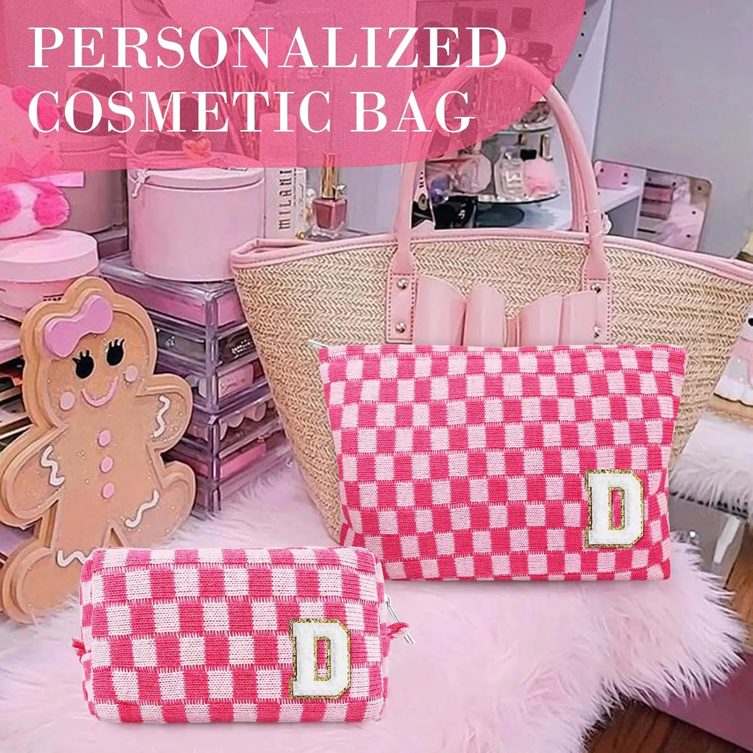 Initial Makeup Bags, Monogrammed Gifts for Women, Checkered Cosmetic Bag Travel Toiletry Bag Makeup Pouches Large Capacity Storage Bags - Personalized Bridesmaid, Birthday Gifts for Her Mom Friend