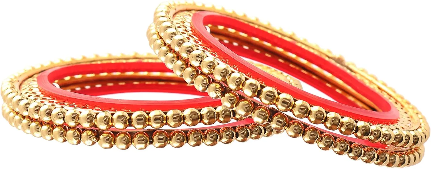 Jewar Bangles Set of 4, Traditional Rajasthani Gokhru Design, Two-Tone Gold Plated, Adorned with AD CZ Stones, Handmade Meena Work, Round Ball Brass Bangles, Fashion Jewelry for Women & Girls