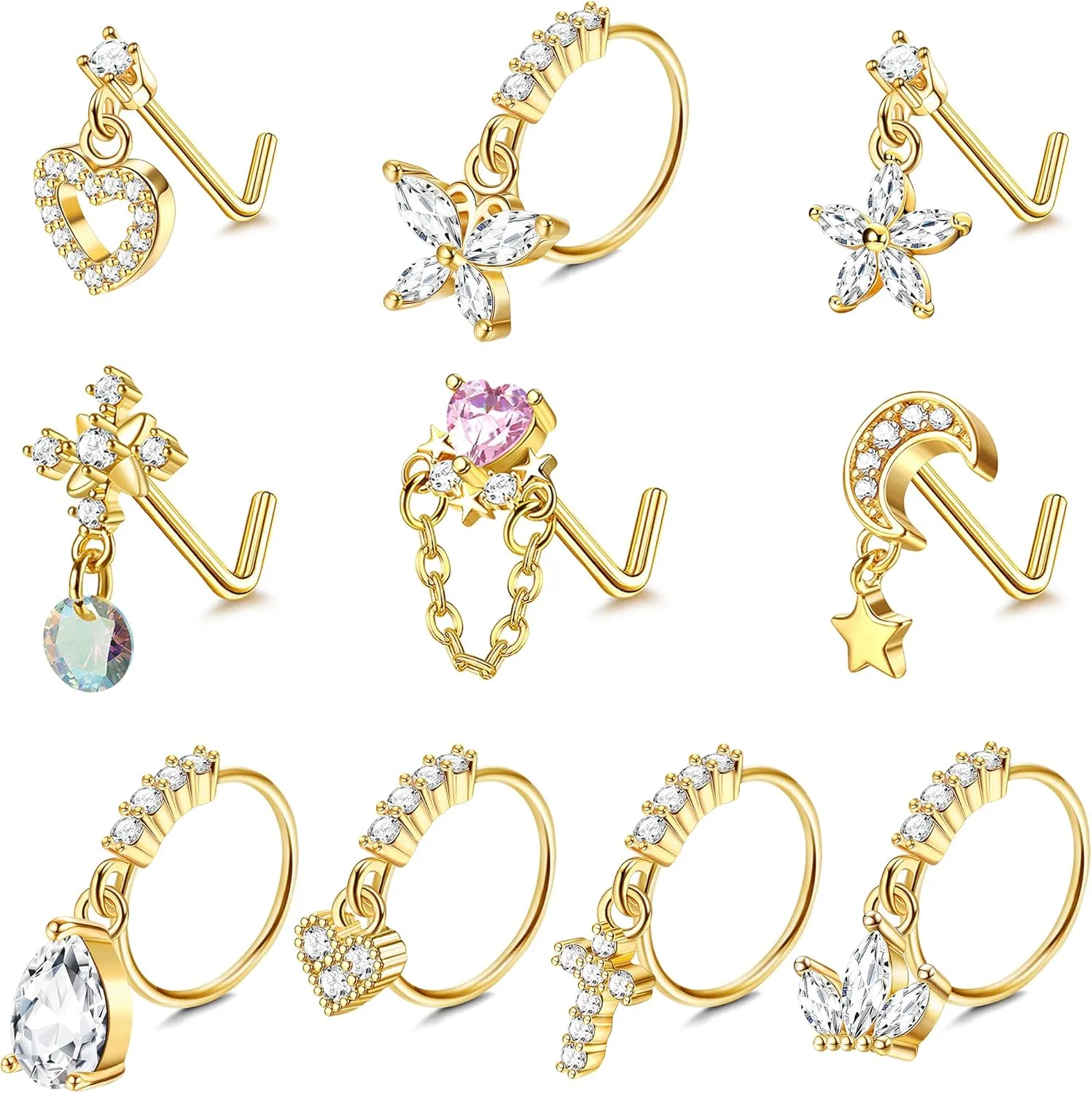 JOERICA 10 Pcs 20G Dangle Nose Rings Studs for Women 316L Stainless Steel L Shaped Nose Studs Heart Butterfly Moon Star Snowflake CZ Dangle Nose Rings Dangling Nose Piercing Jewelry
