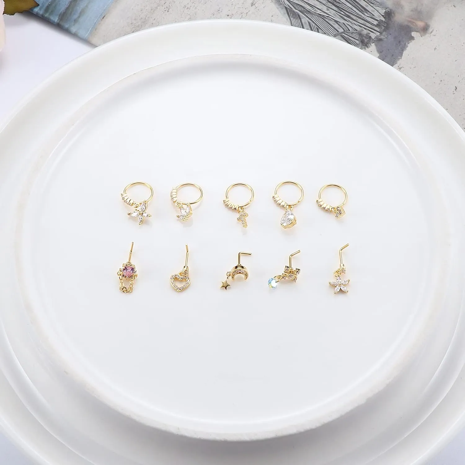 JOERICA 10 Pcs 20G Dangle Nose Rings Studs for Women 316L Stainless Steel L Shaped Nose Studs Heart Butterfly Moon Star Snowflake CZ Dangle Nose Rings Dangling Nose Piercing Jewelry