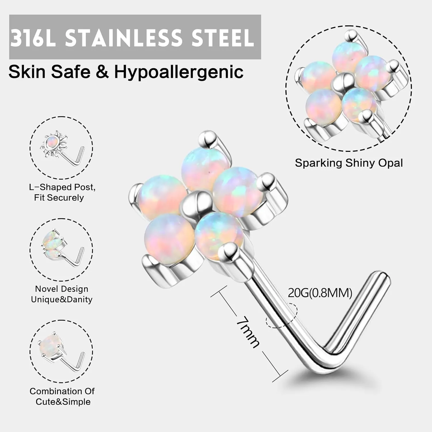 JOERICA Nose Rings Studs for Women Stainless Steel L Shaped Nose Studs Tiny Opal CZ Sunflower Turquoise Bee Planet Geometric Nose Piercing Jewelry