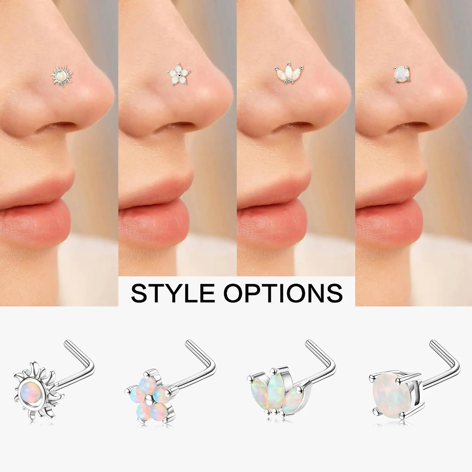 JOERICA Nose Rings Studs for Women Stainless Steel L Shaped Nose Studs Tiny Opal CZ Sunflower Turquoise Bee Planet Geometric Nose Piercing Jewelry