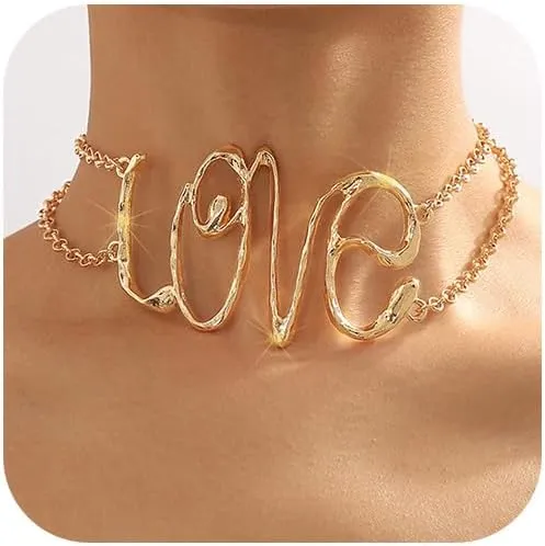 Jovono Love Choker Necklace Gold Collar Necklaces Letter Statement Necklace Chain for Women