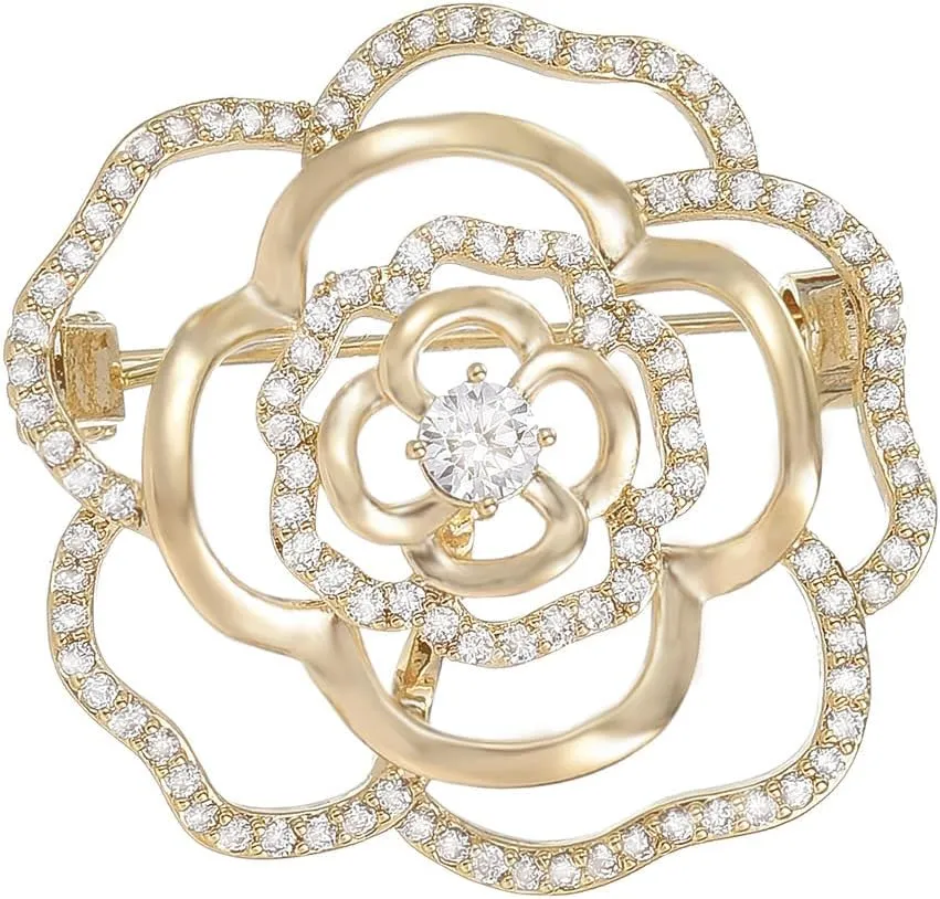 Kokoma Fashion Camellia Flower Brooch Pin for Women Cubic Zirconia Floral Lapel Pin Hollow Badge Shawl Clip Scarf Clips Dainty Accessory Jewelry for Cloth Dress Suit