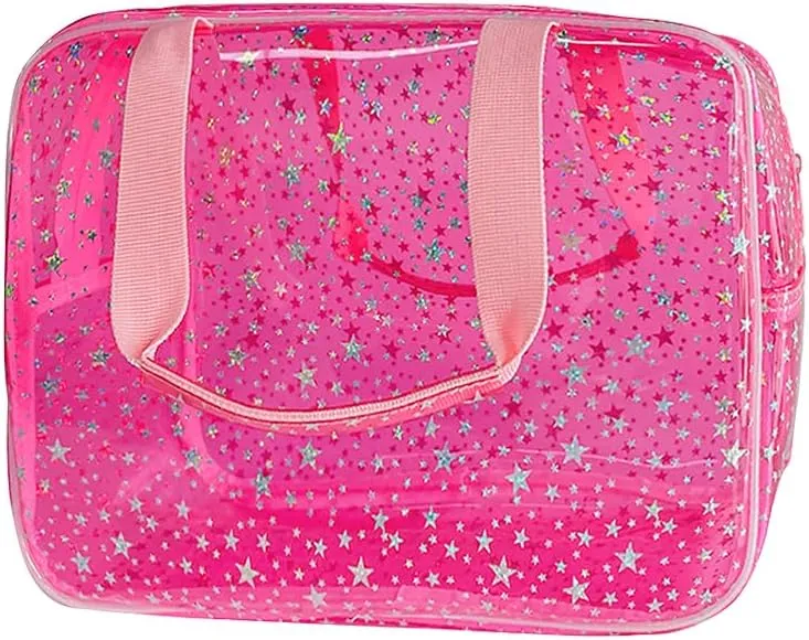Large Holographic Star Makeup Bag Waterproof Toiletry Carry Pouches Cases Clear Cosmetic Bags Make up Storage Pouch See Through Bathroom Bag Travel Transparent Bath Organizer with Zipper Hot Pink