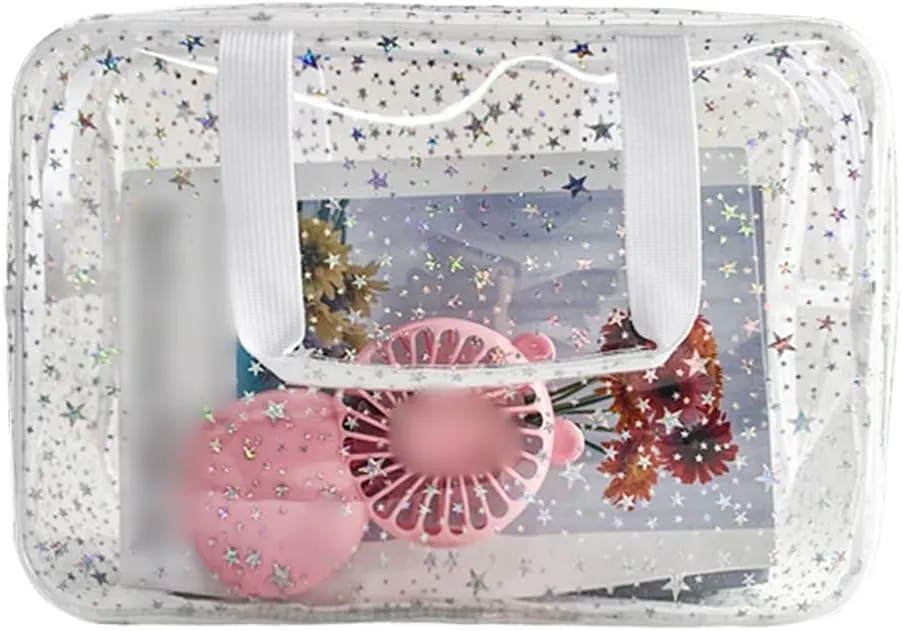 Large Holographic Star Makeup Bag Waterproof Toiletry Carry Pouches Cases Clear Cosmetic Bags Make up Storage Pouch See Through Bathroom Bag Travel Transparent Bath Organizer with Zipper Purple