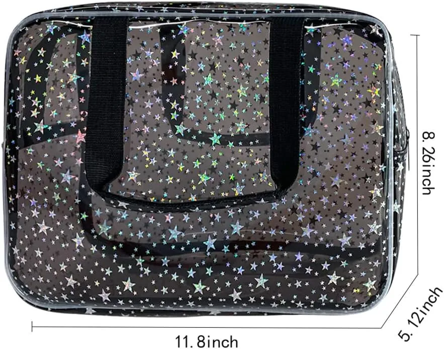 Large Holographic Star Makeup Bag Waterproof Toiletry Carry Pouches Cases Clear Cosmetic Bags Make up Storage Pouch See Through Bathroom Bag Travel Transparent Bath Organizer with Zipper Purple