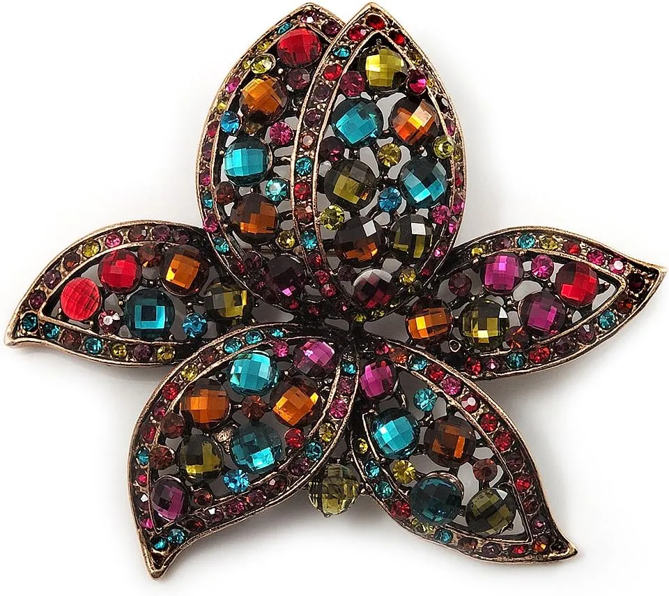Large Multicoloured Diamante Floral Brooch/Pendant (Antique Gold Finish)