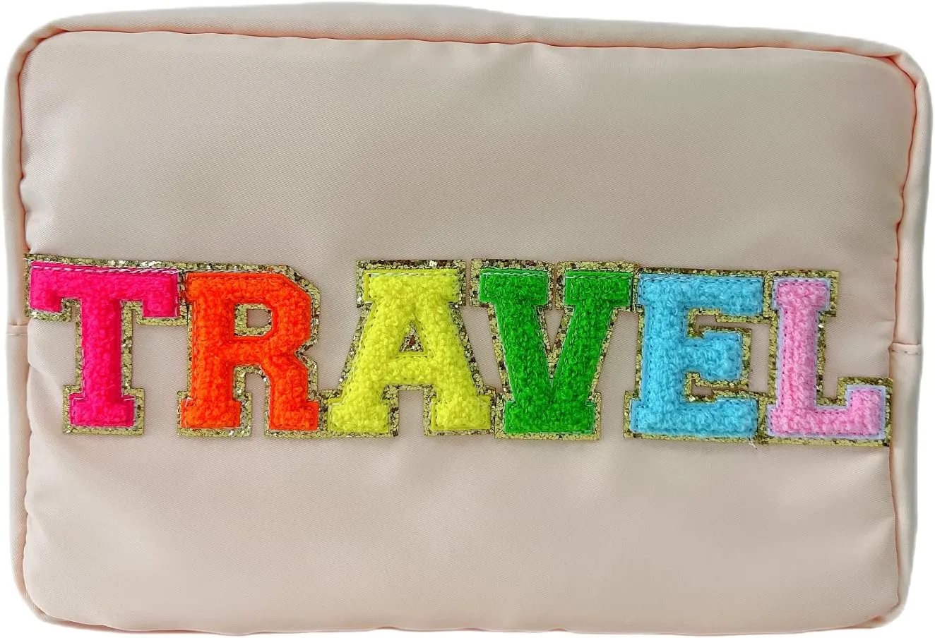 Letter Patch Makeup Bag Travel Bag Pouch Toiletry Bag Chenille Letter Makeup Organizer Nylon Cosmetic Zipper Pouches Storage Bag Organizer for Women Girls