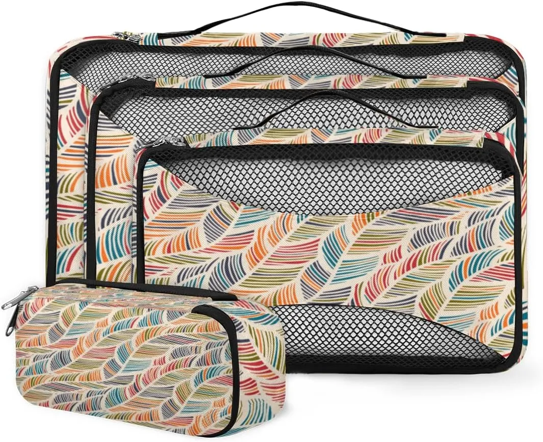 Line Pattern 4 Piece Packing Travel Organizer Cubes Set Mesh Fabric Ventilate Design Lightweight Travel Accessories 4 Sizes (Extra Large, Large, Medium, Small)