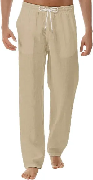 Linen Pants for Men Summer Drawstring Pants Elastic Waist Lounge Pants Casual Lightweight Trousers Loose Beach Pants