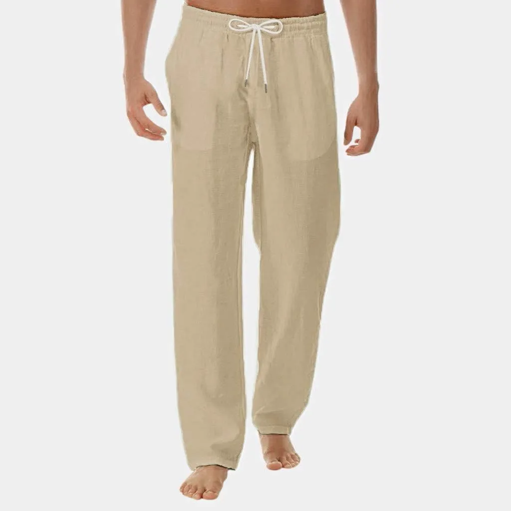 Linen Pants for Men Summer Drawstring Pants Elastic Waist Lounge Pants Casual Lightweight Trousers Loose Beach Pants