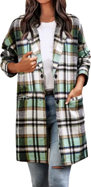 Long Jacket for Women Long Sleeve V Neck Button Up Lapel Tartan Trench Coat with Pocket Autumn Casual Duster Coat Button Down