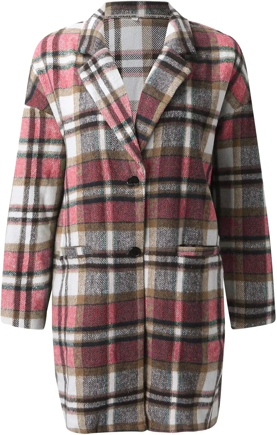 Long Jacket for Women Long Sleeve V Neck Button Up Lapel Tartan Trench Coat with Pocket Autumn Casual Duster Coat Button Down