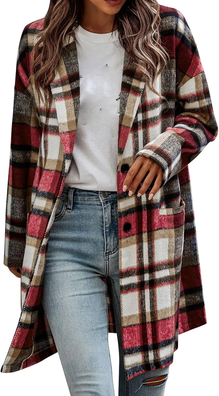 Long Jacket for Women Long Sleeve V Neck Button Up Lapel Tartan Trench Coat with Pocket Autumn Casual Duster Coat Button Down