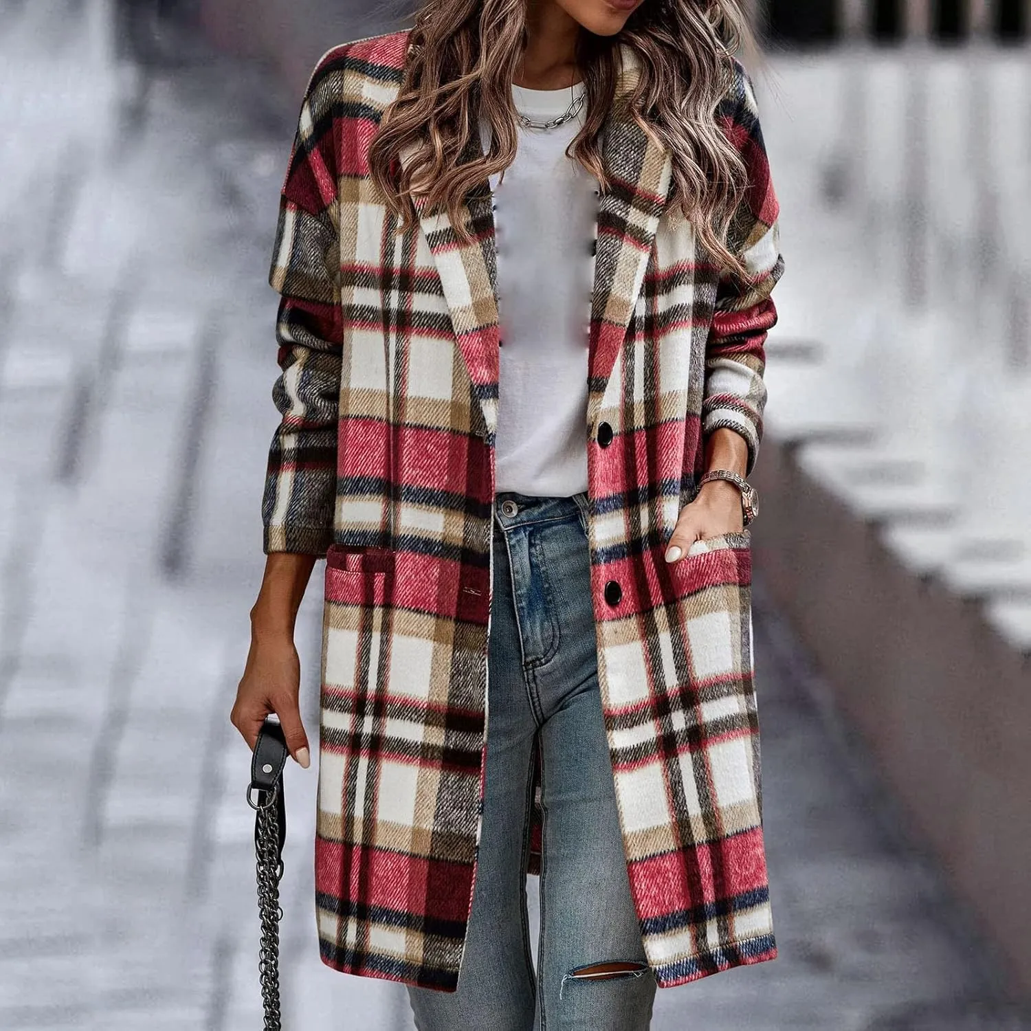 Long Jacket for Women Long Sleeve V Neck Button Up Lapel Tartan Trench Coat with Pocket Autumn Casual Duster Coat Button Down