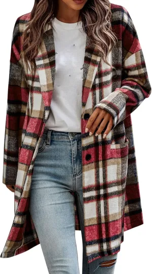 Long Jacket for Women Long Sleeve V Neck Button Up Lapel Tartan Trench Coat with Pocket Autumn Casual Duster Coat Button Down