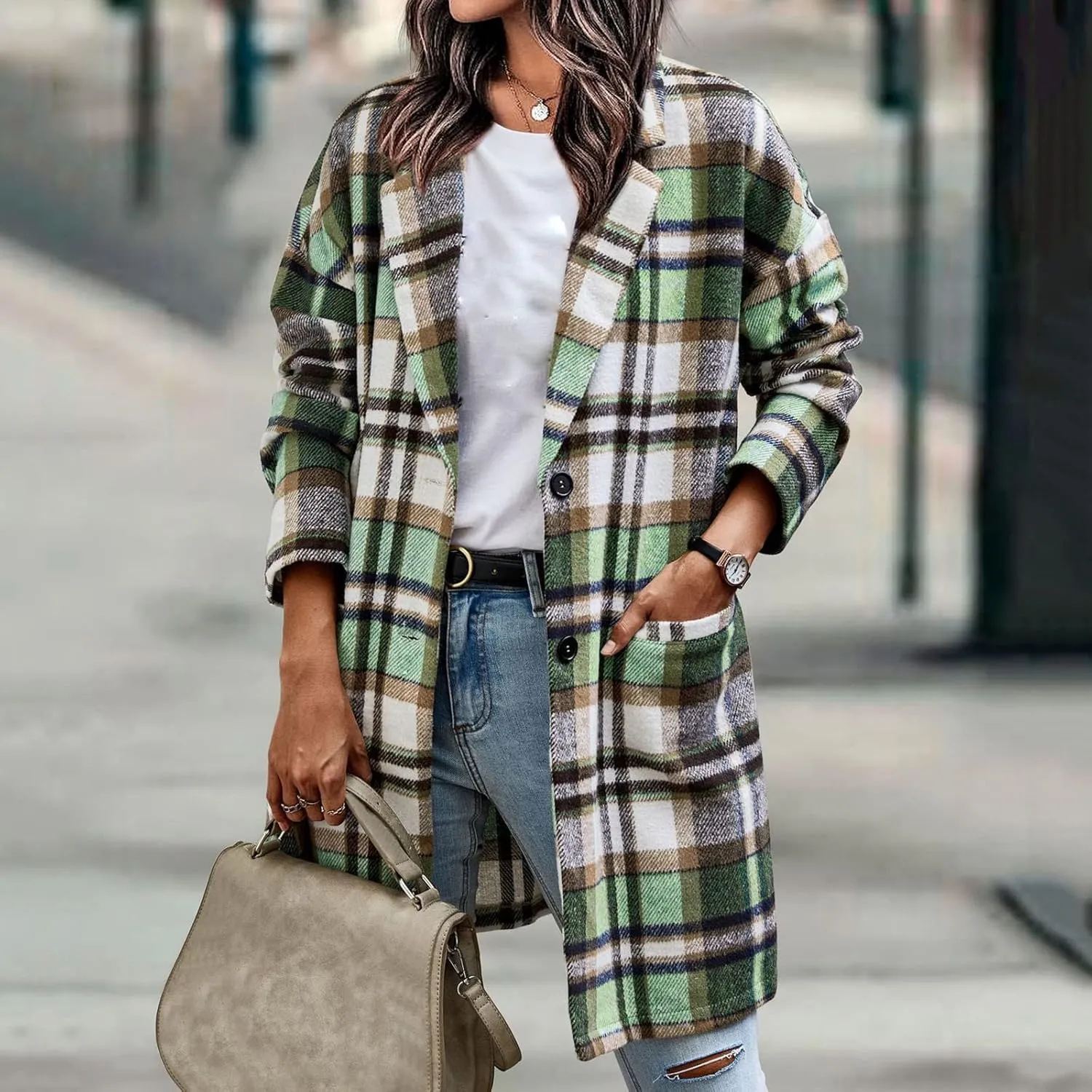 Long Jacket for Women Long Sleeve V Neck Button Up Lapel Tartan Trench Coat with Pocket Autumn Casual Duster Coat Button Down