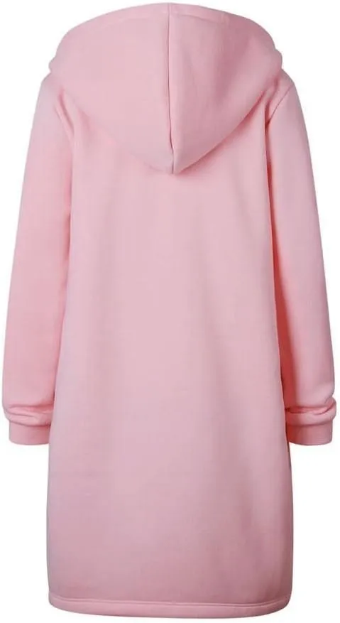 Long Jacket for Women Long Sleeve V Neck Full Zip Up Plain Trench Hooded Coat with Pocket Winter Outerwear Drawstring Fleece