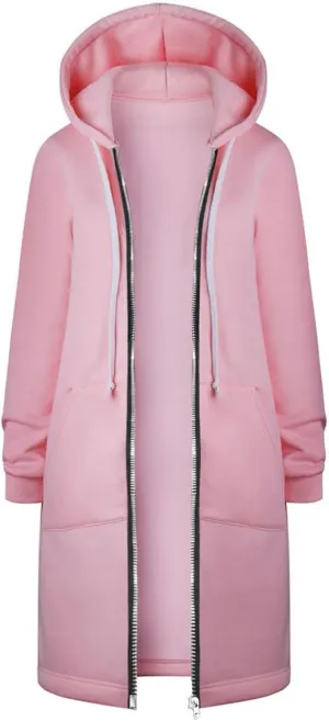 Long Jacket for Women Long Sleeve V Neck Full Zip Up Plain Trench Hooded Coat with Pocket Winter Outerwear Drawstring Fleece