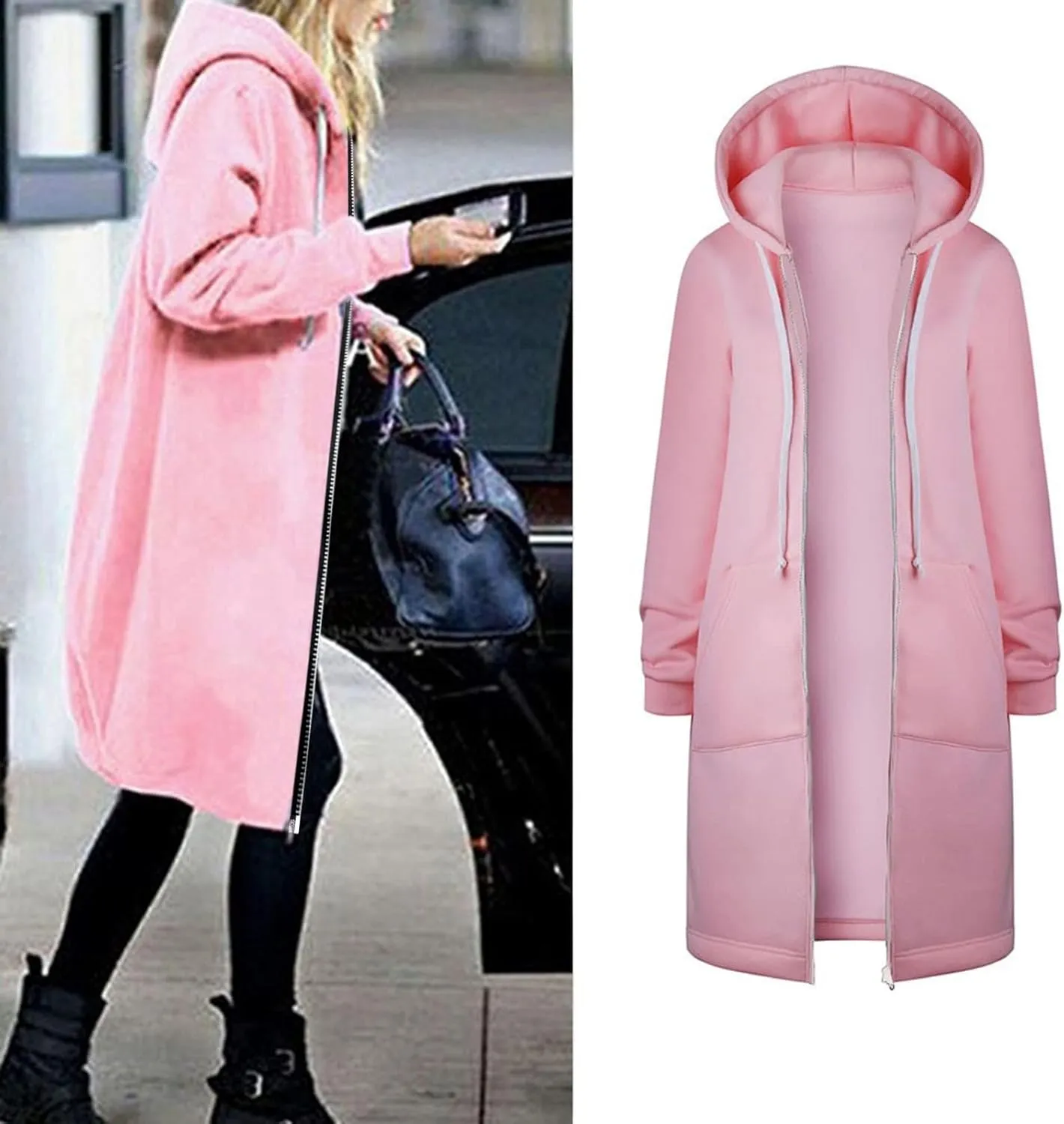Long Jacket for Women Long Sleeve V Neck Full Zip Up Plain Trench Hooded Coat with Pocket Winter Outerwear Drawstring Fleece