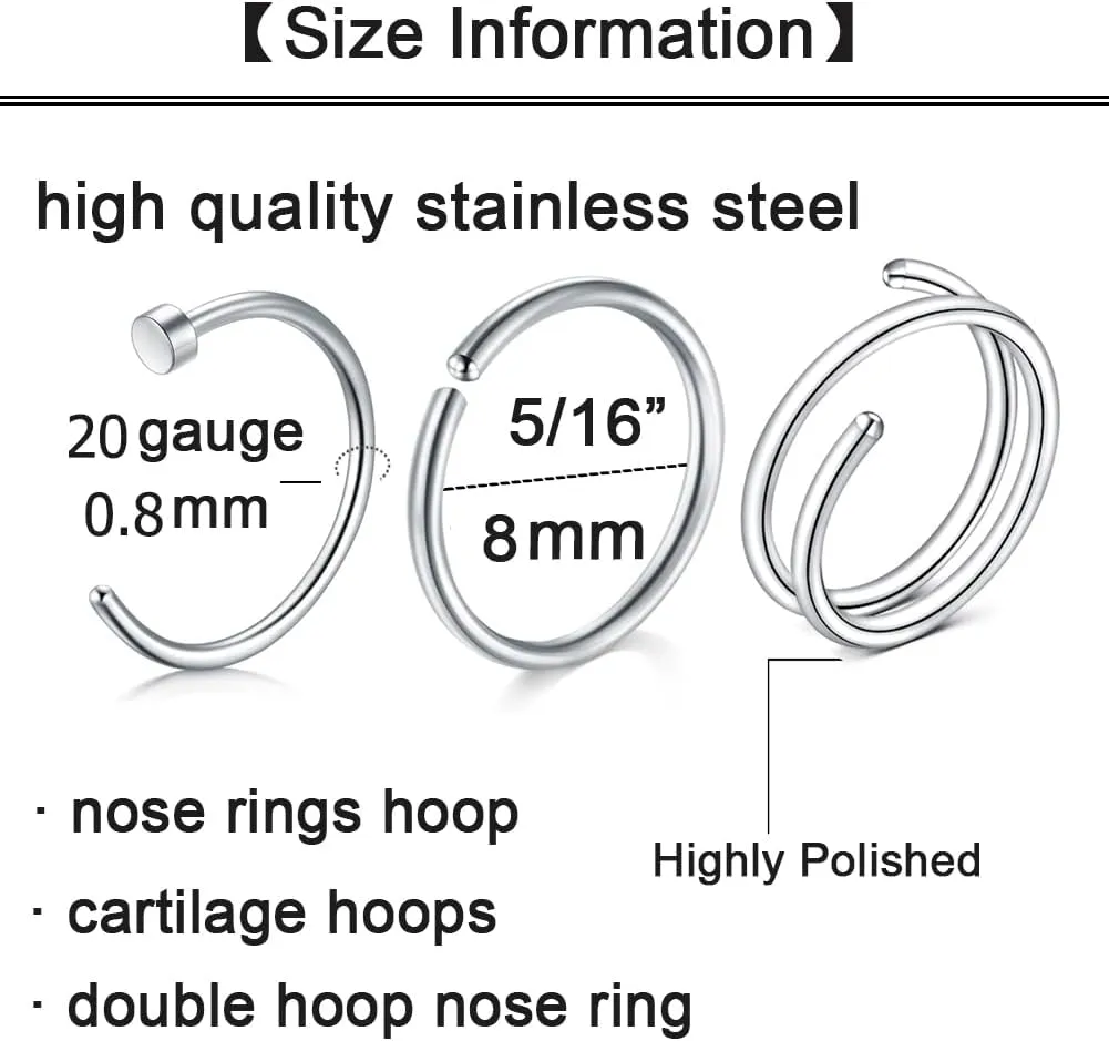Longita 20g Nose Rings Hoop L Shape Nose Studs Stainless Steel Nose Screw Bone Flat Top Diamond Opal Heart High Nostril Piercing Jewelry Silver Rose Gold Black Pack for Women Men