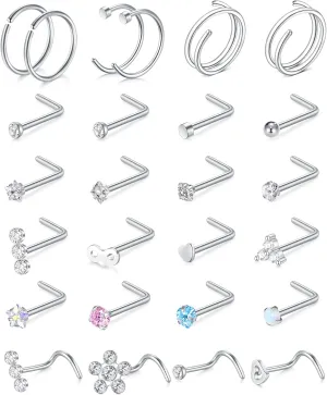 Longita 20g Nose Rings Hoop L Shape Nose Studs Stainless Steel Nose Screw Bone Flat Top Diamond Opal Heart High Nostril Piercing Jewelry Silver Rose Gold Black Pack for Women Men
